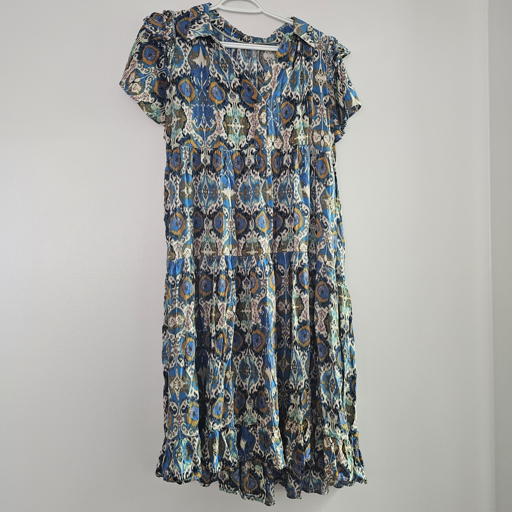 Umgee Blue and Cream Patterned Midi Dress Bohemian Y2K Business Casual Paisley
